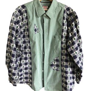 Upcycled Mixed Print Button-Down Top: Spliced Holiday Winter Shirt Size M-L